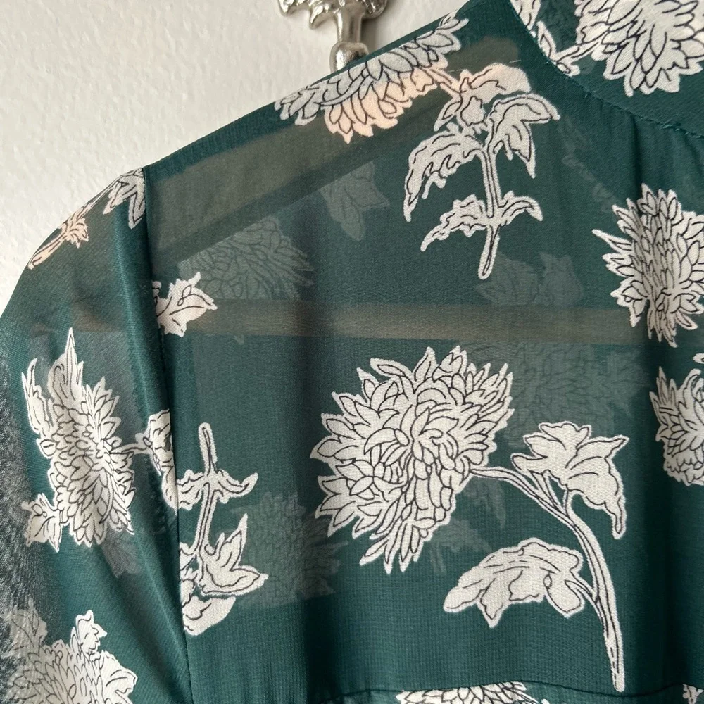 LULU’S Green White Floral Midi Dress | Sheer Sleeve | Mock Neck | Fit Flowy Glam - Picture 7 of 12